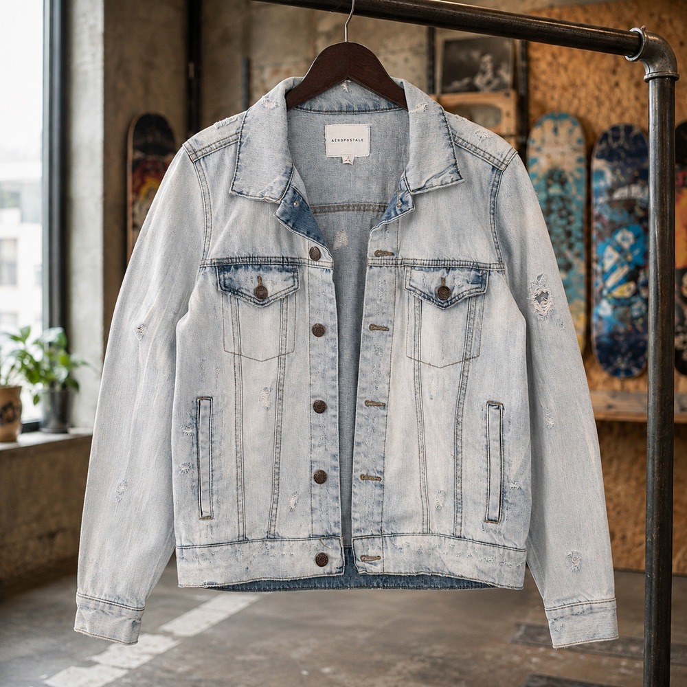 Light Wash Distressed Denim Jacket Mens Medium Blue Trucker Jean